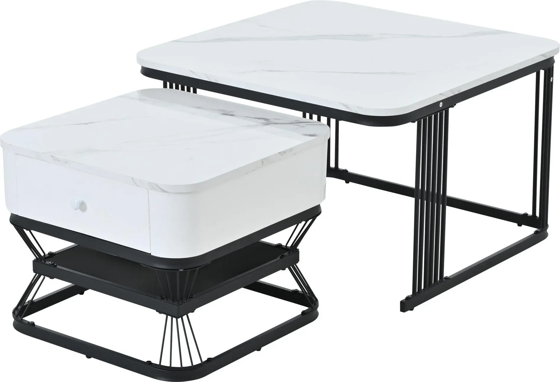 2-teiliges Couchtisch-Set, Wohnzimmertisch-Set mit 1 Schublade, 70x70x45 cm/50x50x40 cm, Weiß+Schwarz