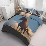 Generisch Galoppierendes Pferd Bettwäsche 155x220, Sonnenuntergang Wendebettwäsche, Bauernhaus Motiv Bettbezug mit Reißverschluss, Weiche Mikrofaser Bettwäsche Sets 3 Teilig mit 2 Kissenbezug 80x80