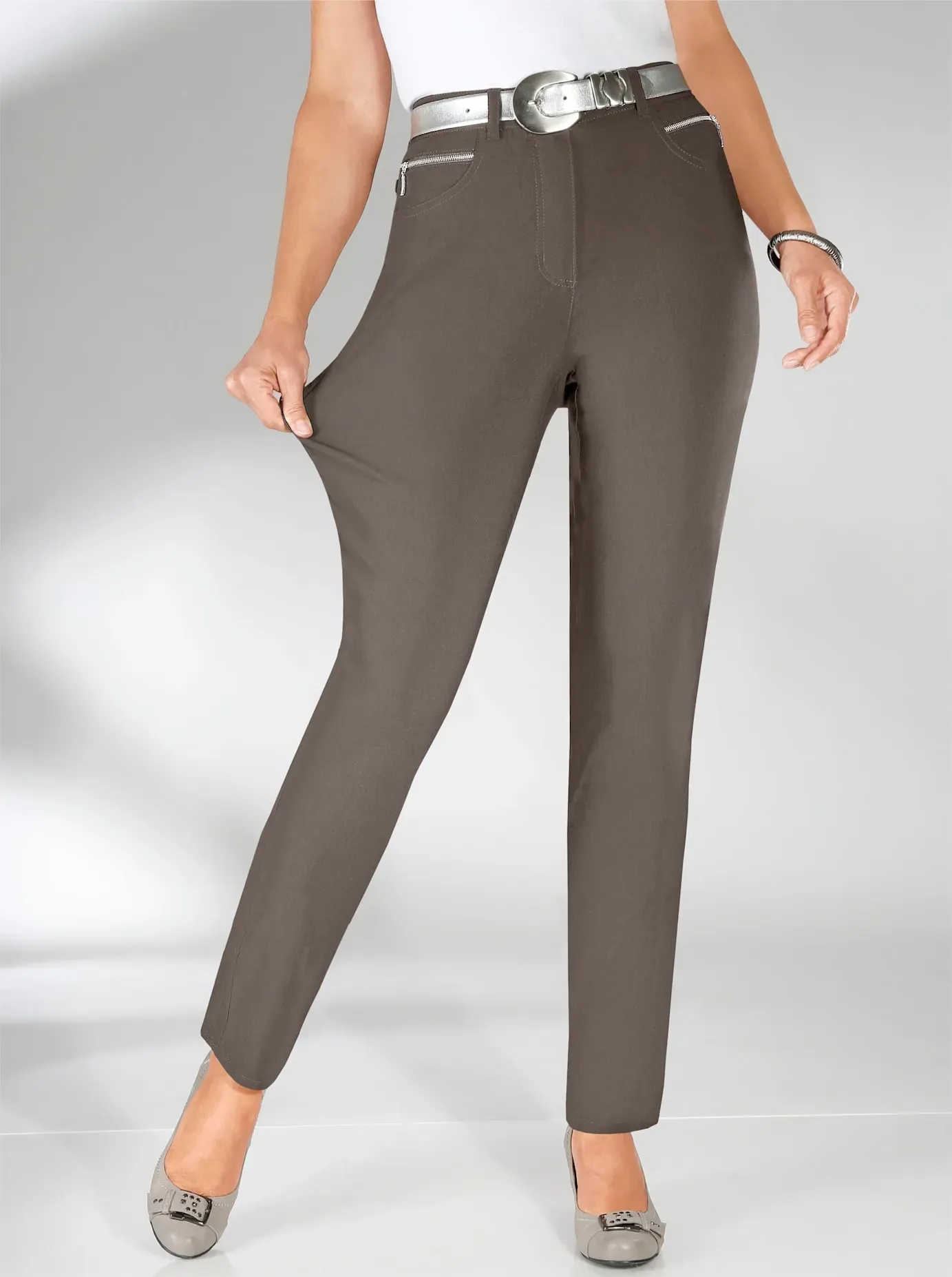 Stretch-Hose STEHMANN, Damen, Gr. 19, Kurzgrößen, grau (taupe), 72% Viskose, 25% Polyamid, 3% Elasthan, unifarben, lang, Hosen