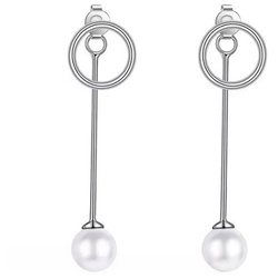 LÖB Perlenohrringe Damen Ohrstecker 925 Silber Doppel Stab Kreis Ohrringe Hängend Lang (Geschenke für Frauen zum Geburtstag Weihnachten Weihnachtsgeschenke), Perlenohrringe Perlen Perlenohrstecker Weiß Brautschmuck Vorne Hinten silberfarben