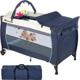 Tectake tectake® Kinder Reisebett, klappbar und höhenverstellbar, 2 Rollen mit Bremsen, inklusive Tragetasche, 132 x 75 x 104 cm