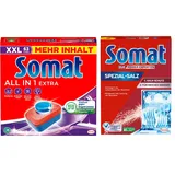 SOMAT Tabs 63 AW all in 1 Extra, Geschirrspül Tabs für strahlende Sauberkeit, bekämpfen selbst eingetrocknete Rückstände + Somat Duo Power Experten Spezial-Salz 1,2kg