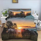 Bettwäsche 155x220 Rotes Pferd Sonnenuntergang Bettwäsche-Set mit Reißverschluss Schließung Bettbezug für Kinder Jungs Weicher Atmungsaktive Mikrofaser Bettwäsche + 2 Kopfkissenbezug 80x80 cm