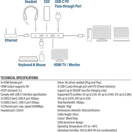Act USB-C 4K / 8K 30Hz Docking-Station für 1 HDMI-Monitor, 2.5 Gigabit-Ethernet, USB-C 10Gbps, USB-A 10Gbps, 3.5mm Audio, PD Pass-Through