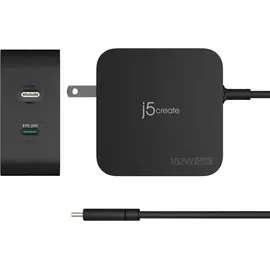 j5create 102-Watt-GaN-PD-USB-C-Reiseladegerät mit 2 Anschlüssen, einschliesslich austauschbaren Netzs (102 W) Schwarz