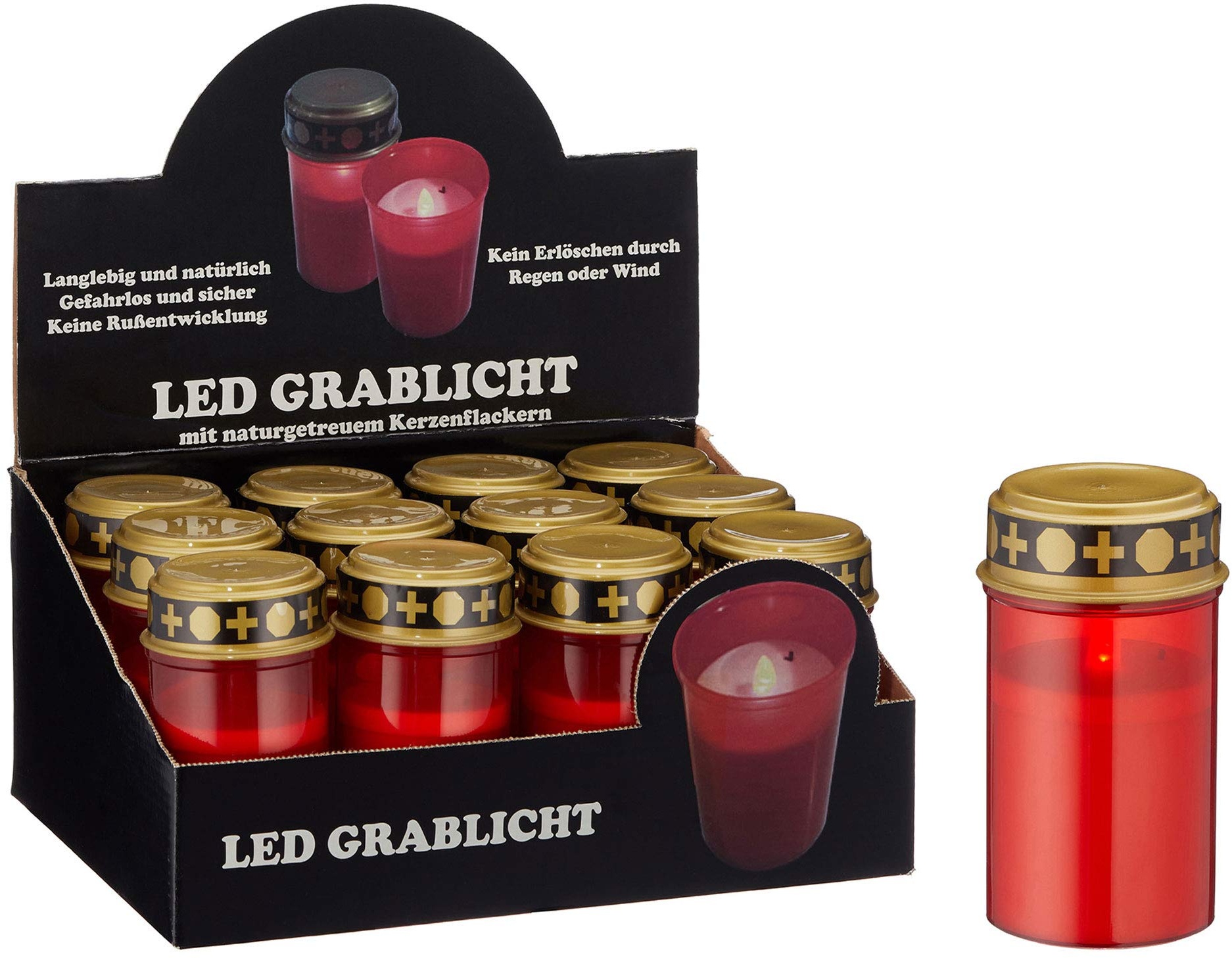 12er Set LED Grablicht batteriebetrieben rot Grabkerze Grableuchte Grabschmuck Friedhof Trauer (12 x LED Grablicht)