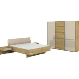 Schlafzimmer-Set MUSTERRING "Savona, Kleiderschrank, Bett & Nachtkommoden, teilmassiv Bianco-Eiche", braun, Schrank 250cm Breit / 217cm Hoch + ohne Matratze, B/H: 180cm x 200cm, Schrank 250cm Breit / 217cm Hoch, Floatglas, Hartfaserplatte, Holz teilmassiv, Holzwerkstoff, Massivholz, Spanplatte, Schlafzimmermöbel-Sets, Kopfteil Kunstleder Champagner, Schrank mit Eiche- und Glastüren