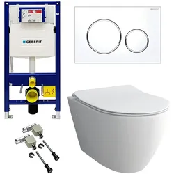 Alpenberger Toiletten Komplett Set mit Geberit Spülkasten, Drückerplatte und Bausatz | Spülrandloses Hänge WC mit WC Sitz | Wand WC Vorwandelement WC