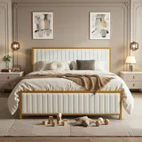 VECELO Bettgestell 140 x 200 cm, Metallbett Doppelbett mit Gepolstertem Kopf- und Fußteil, Bettrahmen mit Lattenrost, 32cm Höhe unter dem Bett, Kein Boxspring Erforderlich, Beige