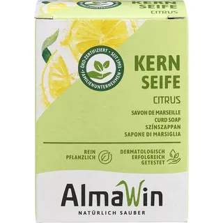 AlmaWin® Kernseife mit zartem Zitronenduft [100g] - Stückseife für sanfte Hautreinigung - Vegane Seife Bio für gründliche Reinigung in Haushalt & Werkstatt - Kernseife Zitrone, Seife