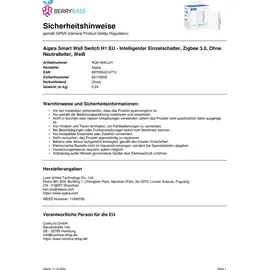 Aqara Smart Wall Switch H1 (No Neutral, Single Rocker) weiß (HomeKit)