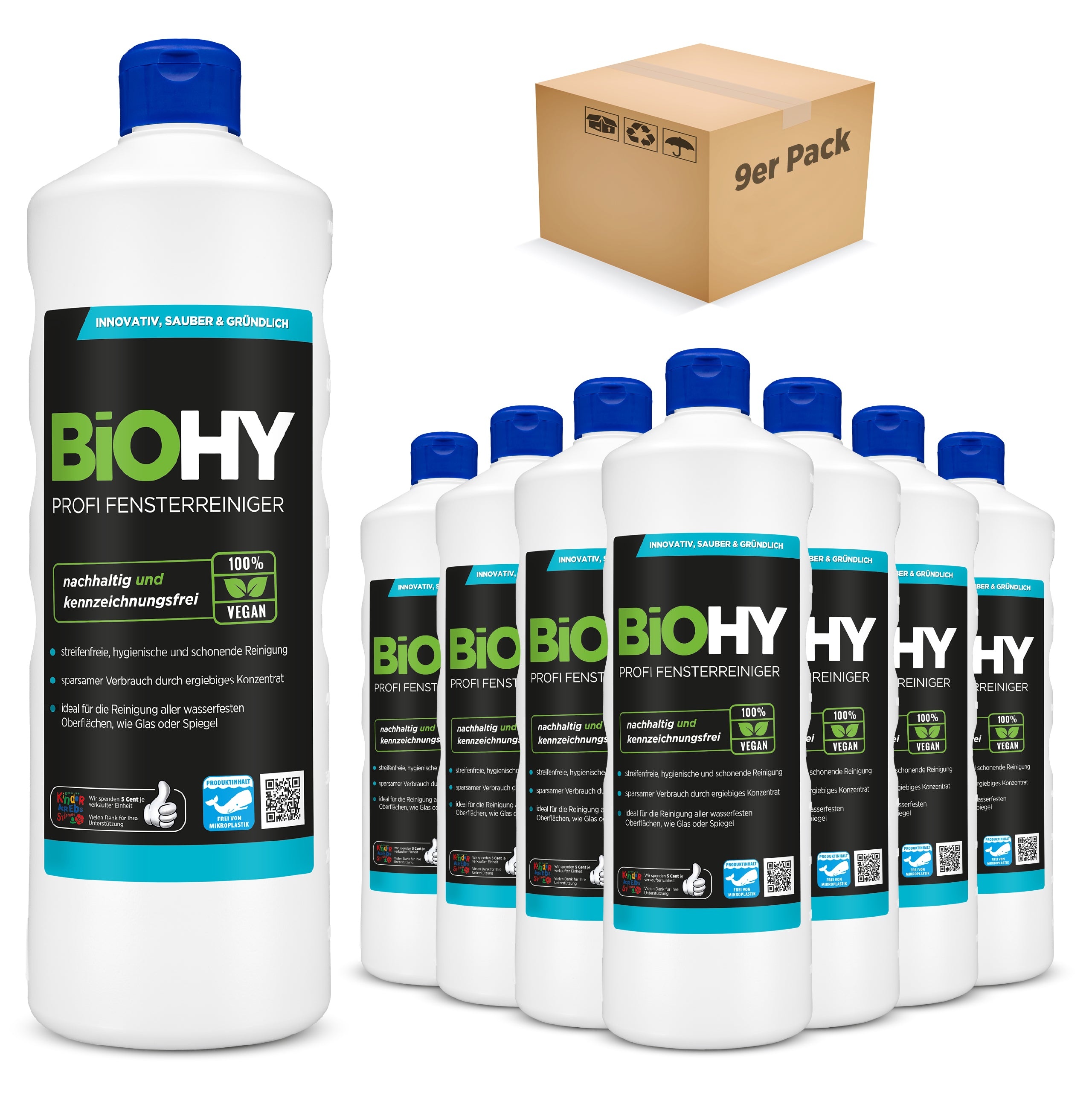 BiOHY Profi Fensterreiniger, Glasreiniger, Fensterputzmittel, Bio-Konzentrat 9er Pack (9 x 1 Liter Flasche)