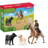 schleich FARM WORLD 42578 Bauernhof Rodeo Abenteuer Spielset, 6-Teiliges Tiere Set mit Cowboy, Pferd, Kalb, Hund und Zubehör, Realistisches Western Rodeo Bauernhof Spielzeug für Kinder