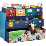 Relaxdays Kinderregal mit 9 Stoffboxen, Monster Design, HxBxT: 70 x 92,5 30 cm, Spielzeugregal fürs Kinderzimmer, bunt, Dunkelblau, Türkis, Orange