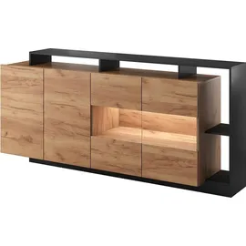 vente-unique 4-türige Kommode mit 4 Nischen und LED-Beleuchtung - Natürliches Licht und Anthrazit - IDESIA