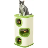 PawHut Kratztonne, 76 cm hoch Katzentonne mit 3 Höhle, Kratzbaum mit Marienkäfer-Spielzeug, Katzenturm aus Sisal, Katzenhöhle für Katze bis 5 kg, Grün+Cremeweiß