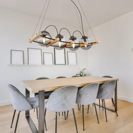 GLOBO Pendellampe 4-flg. 75 cm Rauchglas Metall schwarz Holz braun