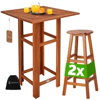 CASARIA Casaria® Bartisch mit Hocker Set Outdoor Indoor Holz Akazie 110x75x75cm Wetterfest Rustikal Massiv Garten Balkon Terrasse Möbel Stehtisch 2X Barhocker