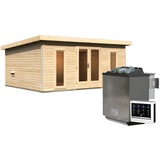 Woodfeeling Karibu Saunahaus Mainburg 4 mit Vorraum - 38 mm naturbelassen Set C (Sauna B 1,34 x T 1,34 m mit 2 Liegen 57/52 cm) 9 kW Bio-Kombiofen inkl. Steuergerät inkl. 8-teiligem gratis Zubehörpaket (Gesamtwert 191,92€)