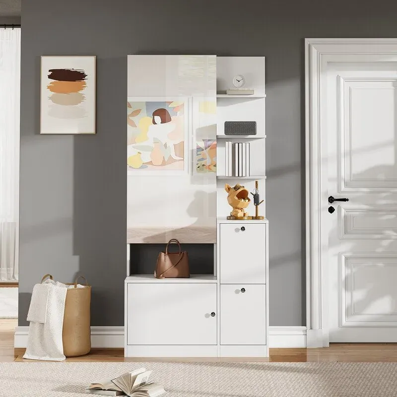 85*40*180cm hochschrank mit Spiegel und Schuhschrank,Flurschrank,Flur Garderobenständer ,Aufbewahrungsschrank mit zwei Türen,Vitrine mit 5 Ablageflächen,Weiß