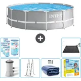 Intex Round Prism Frame Swimming Pool – 366 x 99 cm – Grau – inklusive Zubehör CB38 – Intex