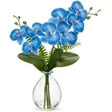 Hollyone Künstliche Orchideen Blau mit Klar Glasvase, Kunstblumen im Vase mit Real Touch Blüten, Gefälschte Orchideen Künstliche Phalaenopsis Blumen für Wohnzimmer Büro Küche Tisch