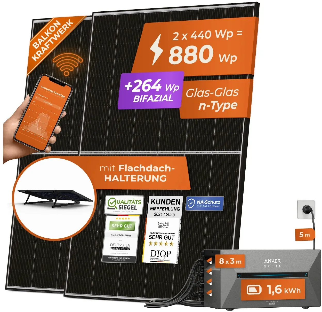 Solarway All In One 880W Balkonkraftwerk komplett Solarpaket mit 1,6 kWh Anker Solix 2 PRO Speicher, Plug&Play