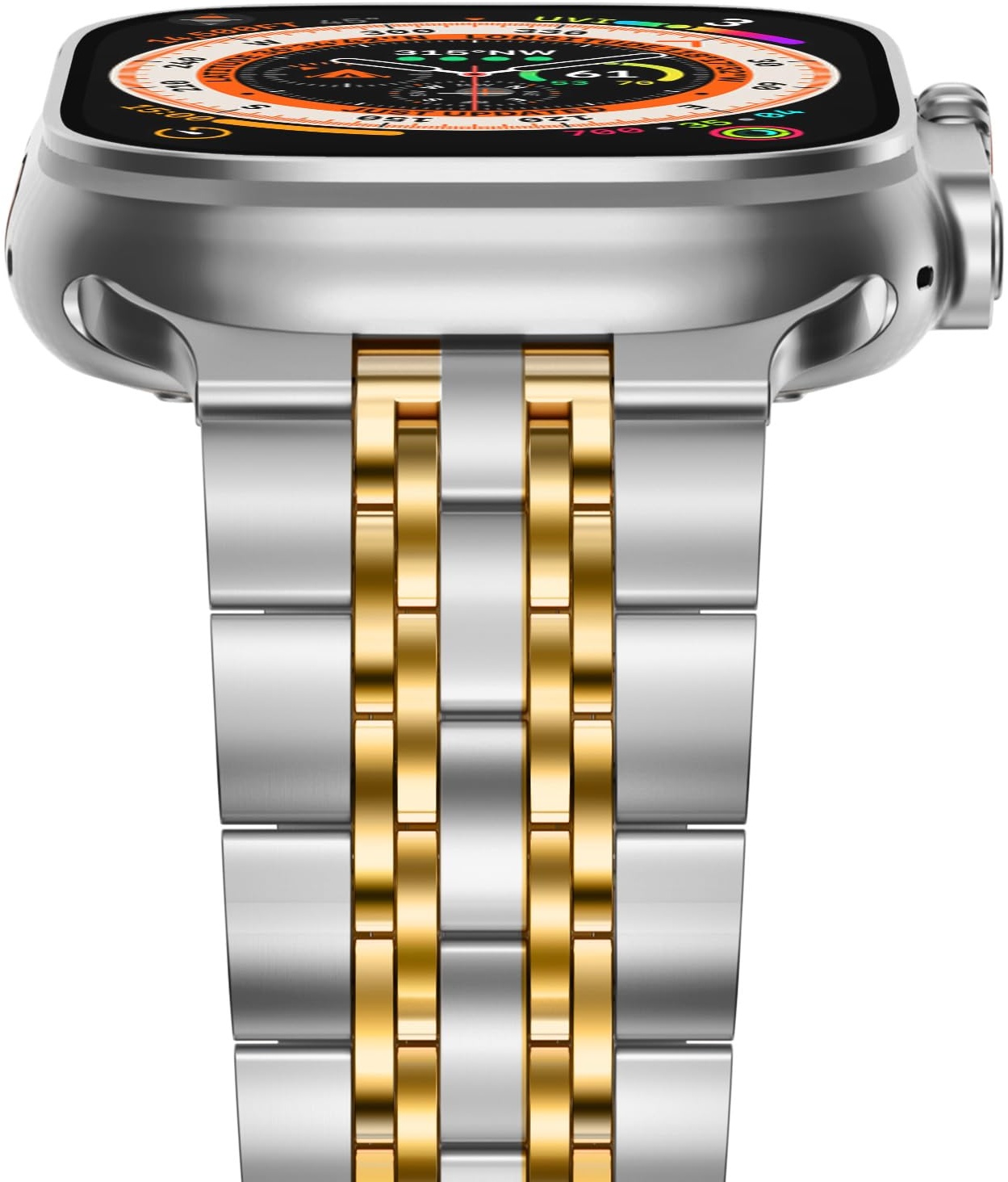 NewWays Kompatibel mit Apple Watch Armband 49mm 45mm 44mm 42mm,Metallband Edelstahl Ersatzband für Apple Watch Ultra 2/Ultra Series 9 8 7 6 5 4 3 2 1 SE,Silber/Gold