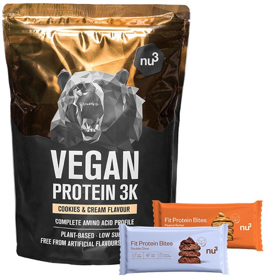 nu3 Vegan Protein 3K Shake, Cookies-Cream + Fit Protein Bites Double-Choc + Fit Protein Bites Peanut Butter 1 pc(s) set(s)