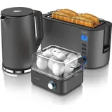 Arendo Frühstücks-Set 3-teilig, 4-Scheiben Langschlitztoaster, 8er Eierkocher, 1,5L Wasserkocher, Grau