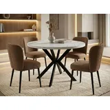 Runder Ausziehbarer Esstisch in Weißer Marmoroptik - Loft Style Tisch mit Metallbeinen - 100 bis 180 cm - Industrieller Tisch für Wohnzimmer - Sp... - Weiß/Hellgrau