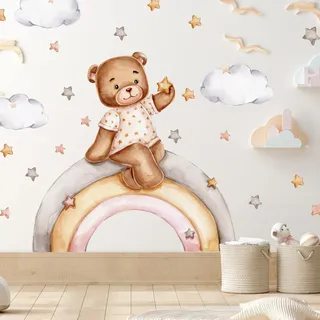 WANDKIND Bär auf dem Regenbogen Wandtattoo V327 | handgezeichnet | AUFKLEBER Kindergarten | Wandsticker Kinderzimmer Deko Teddybär mit Sterne Bären (50 x 50 cm)