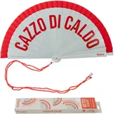 Fisura – Origineller Fächer mit Aufschrift „Cazzo di caldo“. Moderner, bunter Handventilator aus Holz. Rot-weißer Verlauf. Haken enthalten. Maße: 42,5 x 23 cm