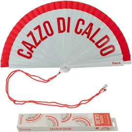 Fisura – Origineller Fächer mit Aufschrift „Cazzo di caldo“. Moderner, bunter Handventilator aus Holz. Rot-weißer Verlauf. Haken enthalten. Maße: 42,5 x 23 cm