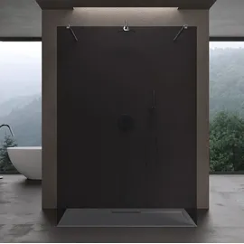 doporro Duschwand Duschtrennwand 140x200 Walk-In Dusche mit Doppel-Stabilisator aus Echtglas 10mm ESG-Sicherheitsglas Vollgrau inkl. Nanobeschichtung