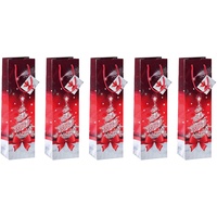Sigel GT024 Flaschen-Geschenktüten aus Papier | 5er Set | rot | Weihnachten | "Sparkling tree"
