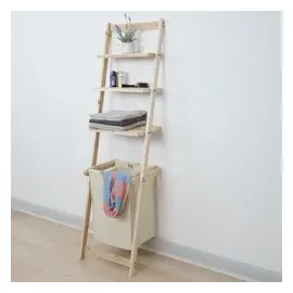 Mendler Leiterregal HWC-B59, Regal Laundry Wäschekorb Wäschesammler Holzregal Badregal Stufenregal, Tanne 152x41x35cm 39l