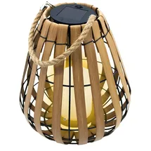 Spetebo Solar Laterne mit LED Kerze in warm weiß mit Flackereffekt - 30 x 25 cm - Gartenleuchte in Holz Optik mit Jutekordel zum Hängen
