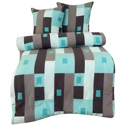 Leonado Vicenti Bettwäsche Thermofleece 200x200 + 2x 80x80 cm türkis grau Vierecke kariert mit Reißverschluss / 3 tlg.