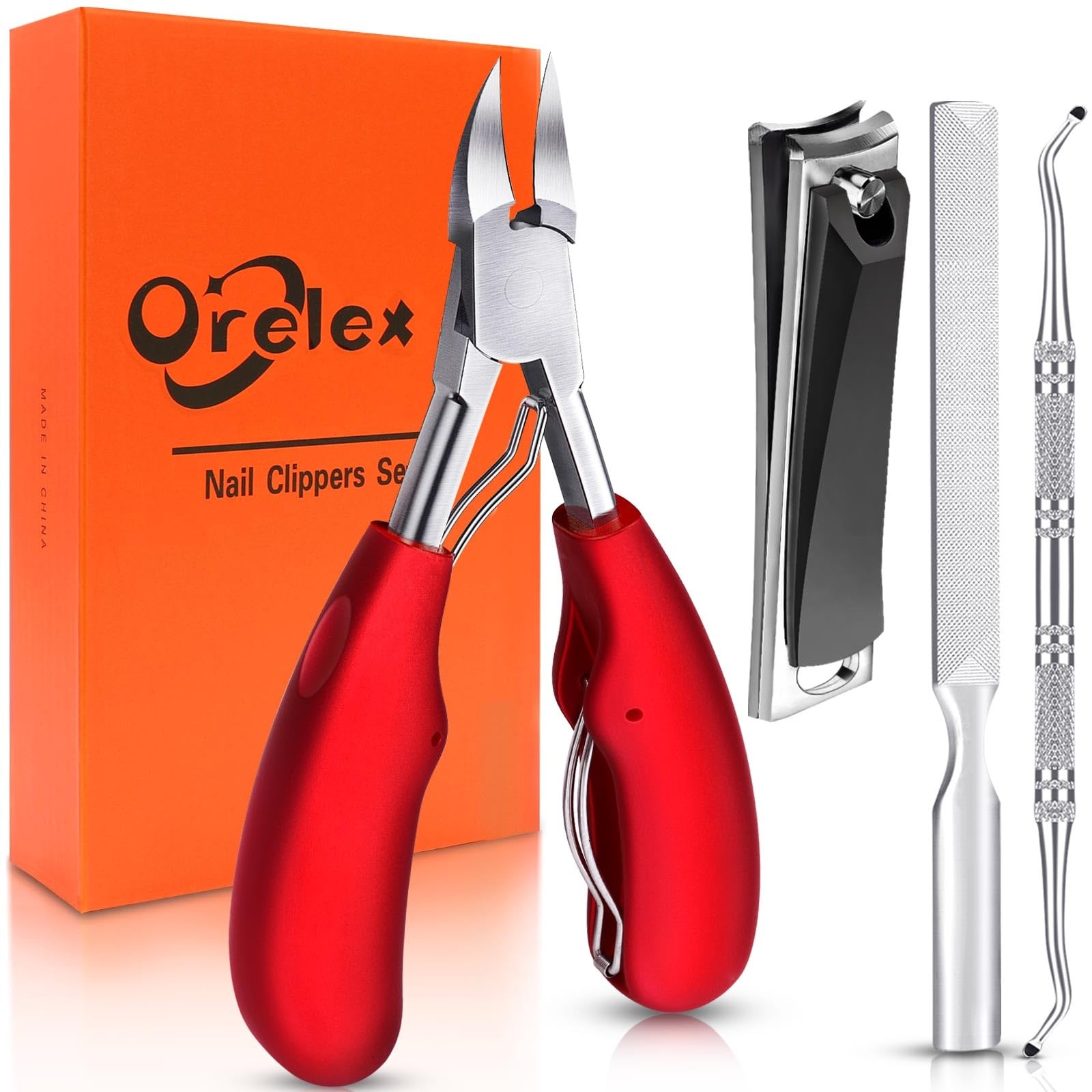 Orelex Professional Toenail Clippers Set, Sharp Nail Clippers for Ingrown Strong Toenails, Stainless Steel Pedicure Nail Clippers, Sharp Large Blade, Soft Handle, Set of 4 Toenails Nail Scissors