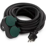 Perel Verlängerungskabel, Gummi-Verlängerungskabel 10m 3G2.5, mit 2 Steckdosen, Schuko 10 m, Schwarz