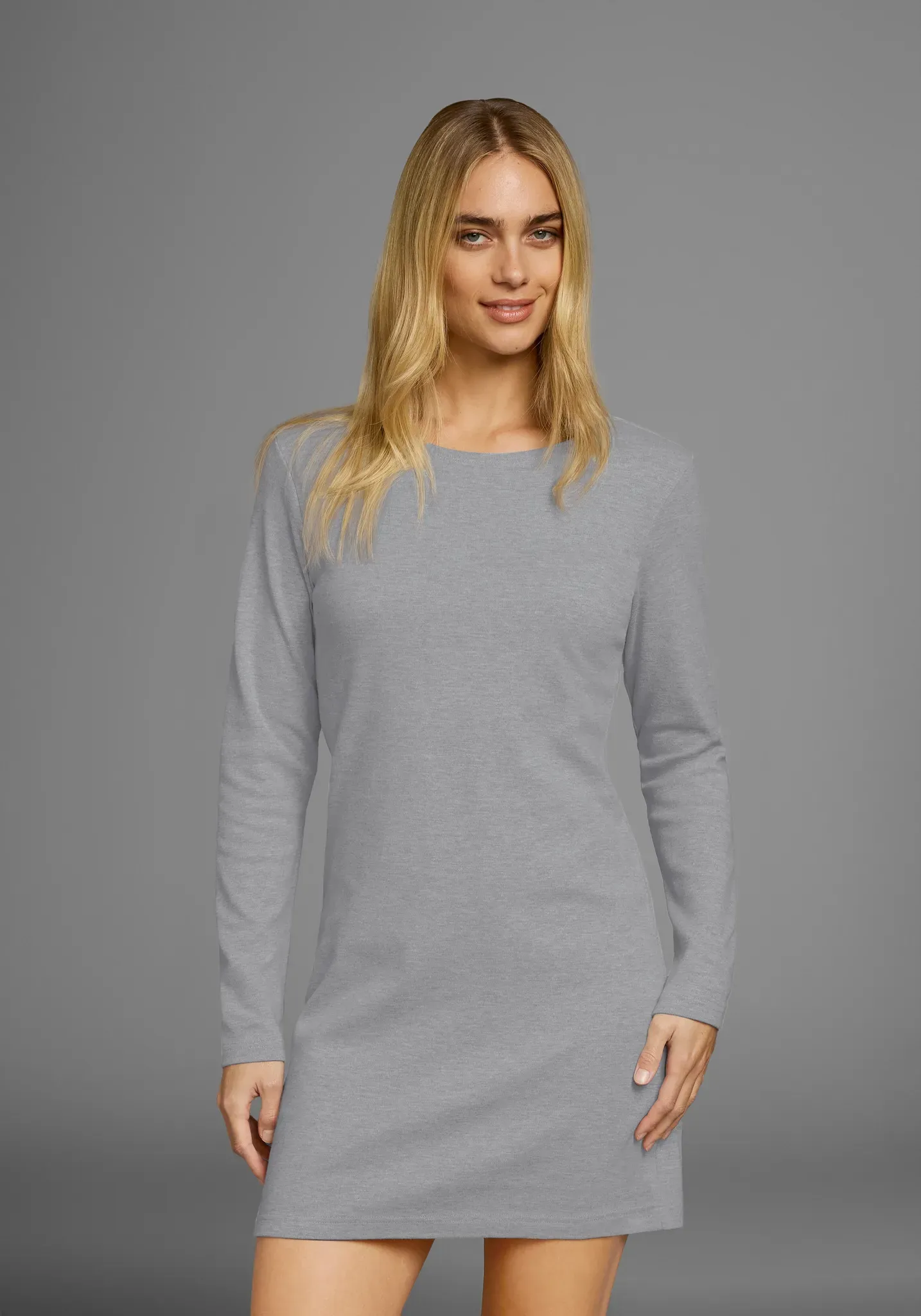 Jerseykleid FLASHLIGHTS, Damen, Gr. 42, N-Gr, schwarz (schwarz, grau melange), Interlock, Obermaterial: 100% Baumwolle. Obermaterial 2: 90% Baumwolle, 10% Viskose. Obermaterial Melange: 90% Baumwolle, 10% Viskose, clean, unifarben, Basic, figurbetont Po-bedeckend, Kleider Jerseykleid, aus weichem Interlock-Stoff, figurnaher Schnitt, langärmlig