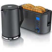 Arendo 2-teiliges Frühstücks-Set, Langschlitztoaster 4 Scheiben & Edelstahl Wasserkocher 1,5L, Grau