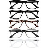 OPULIZE NYX Blaulichtfilter Lesebrille für Damen Herren - Blendfreie UV400-Schutz Federscharnier Anti-Müdigkeit - 5er-Pack - Rechteckiger Rahmen - Schwarz Braun Grau Klar - + 1,00