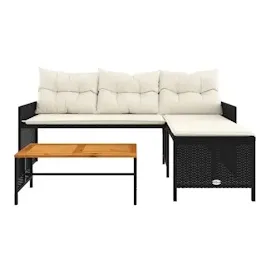 vidaXL Gartensofa in L-Form mit Tisch und Kissen Schwarz Poly Rattan