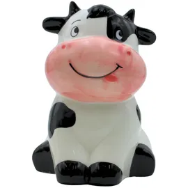 Dekohelden24 Sparfigur, Spartier, Spardose, Sparbüchse, Kinderspardose, Sparfigur, Sparschwein als Kuh, Sparkuh, Sparschwein, Dekokuh mit Sparfunktion aus Keramik in schwarz-weiß, L/B/H 11 x 12 x 16 cm.