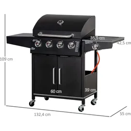 Outsunny Gasgrill Grillwagen 132,4 x 55 x 109 cm Schwarz