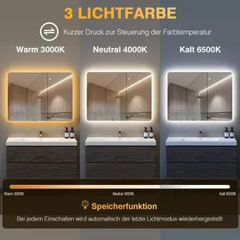 pesenxan Badspiegel mit Beleuchtung LED Spiegel Bad mit 3 Lichtfarben, Dimmbar, Speicherfunktion, IP44 Wasse... - Silber