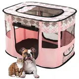 ALLSOPETS Faltbarer Haustierstall Tragbarer Katzen Laufstall Hunde Zelt Hundekäfig für Hund Welpe Freigehege Hundebox Kaninchen Zwinger mit Tragbar Handtasche (Rosa Karo, XL)