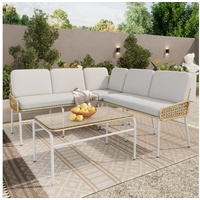 Flieks Gartenlounge-Set, 5-Sitzer Gartenmöbel Polyrattan (2-Sitzer Sofa + 3-Sitzer Sofa +Tisch) beige|grau